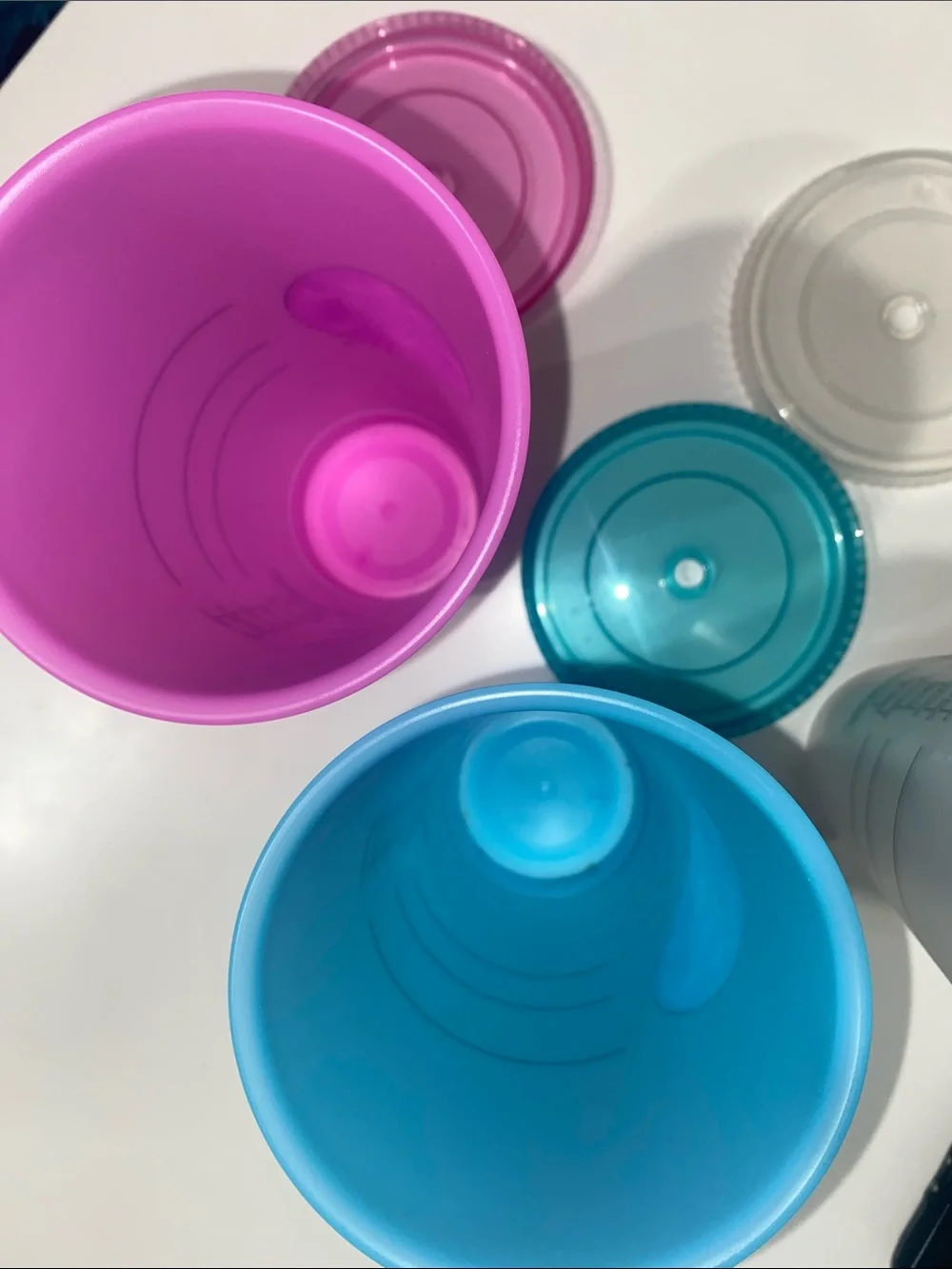Starbucks Reusable Cups — Blue, Pinkish Purple, and Frosted White Trio